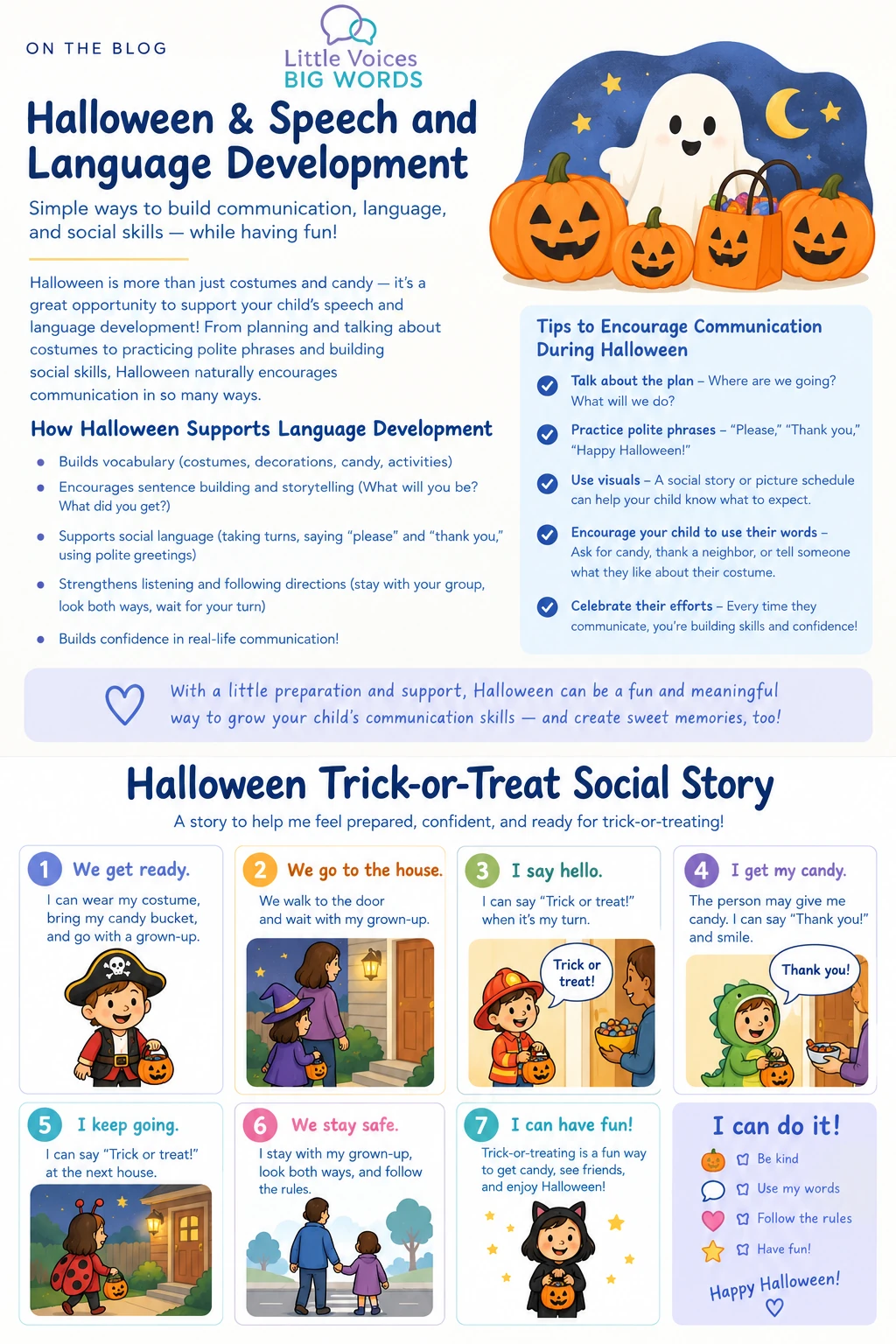 Halloween communication tips and a seven-step trick-or-treat social story, from getting ready and visiting a house to staying safe and having fun.